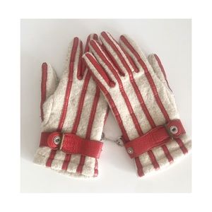 SOLD - Vintage Wool Ski Gloves with Red Leather Stripes - Made in Austria